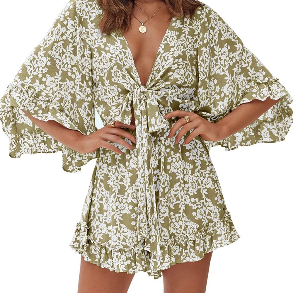 Green and white floral romper with flowy sleeves